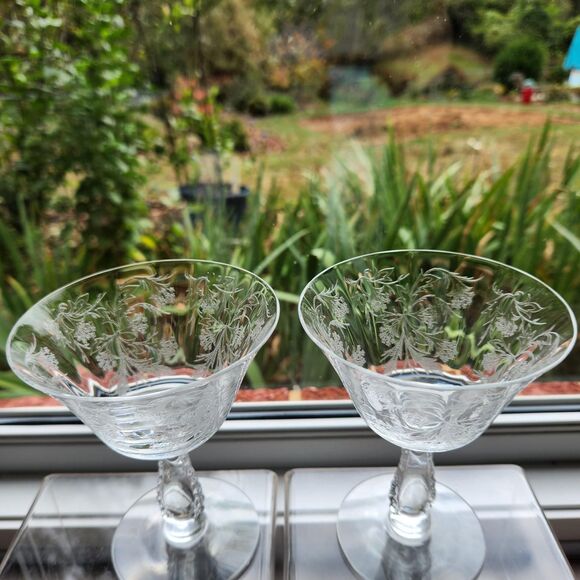 Heather Etch Glasses Set of 2 Champagne Coupe Footed by Fostoria Glass 1950s VTG - Picture 2 of 8